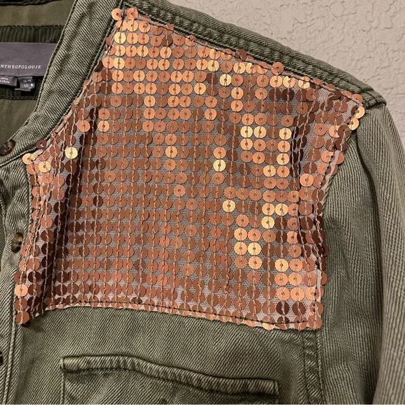 Anthropologie Olive Green and Bronze Sequin Button Down Shirt Size 8 - Picture 7 of 16